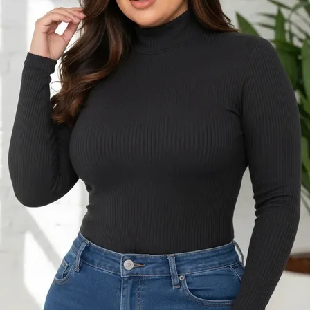 Blusa Plus Size Gola Alta Manga Longa Malha Canelada Até G4
