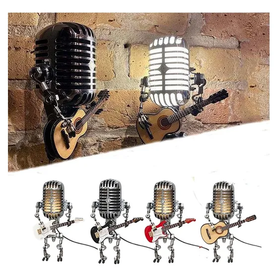 Retro Microfono Robot Lampara Sosteniendo Guitare Led
