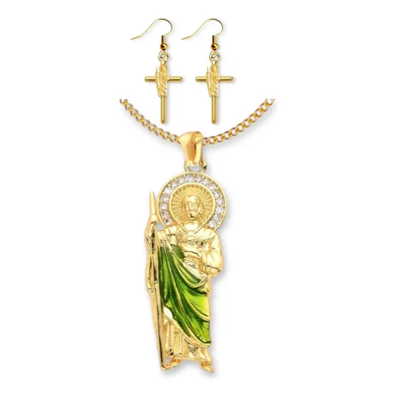 Collar Y Esclava San Judas Acero Inoxidable 6cm Collar San Judas Manto Verde Con Aretes