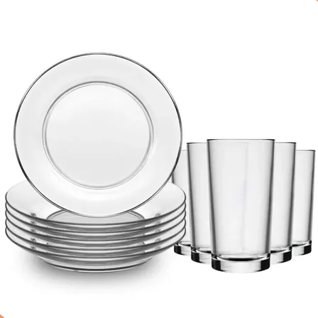 Jogo De Jantar 12 Peças Em Vidro Pratos Fundos E Copos