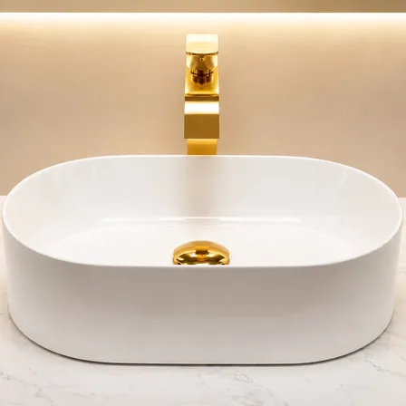 Cuba Banheiro Oval Branca Mármore 43cm Beltempo Luxo Branco Brilhante