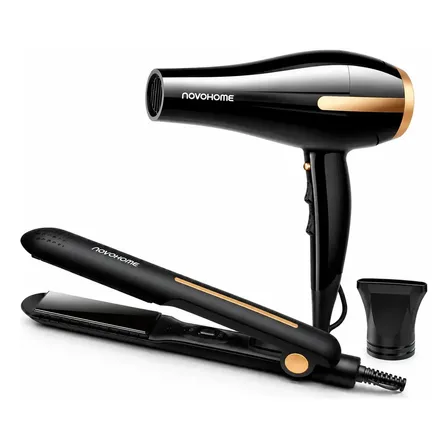 Kit Secador De Pelo 2000W 3 Temperaturas Antifrizz + Planchita Alisadora Placas de Cerámica Novohome