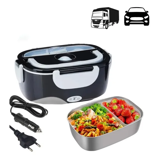 Marmita Elétrica Térmica Portátil 1,5l Bivolt 110/220v Veicular 12/24v Aquecedora De Alimentos Lunch Box Com Divisórias Colher Cabo Carro Caminhão Refeição Quente Rápida Prática Viagem Pontokit Preto