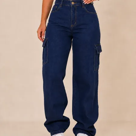 Calça Cargo Jeans Feminina Wide Leg Cintura Alta Stillger