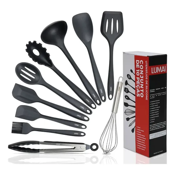Lumai Kit de Utensilios de Cozinha de Silicone Maciço Miami Premium - Conjunto com 10 Peças Livre de BPA - Jogo com Espatulas Pegador Conchas Colheres Batedor de Ovos - Tamanho Grande e Pegada Firme