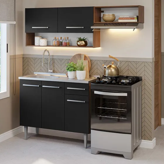 Cocina Integral Completa Modular Madesa Emilly 165cm Con Tarja 09 Color Rustic/Negro