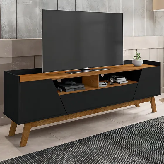 Rack Para Tv Até 70 Polegadas Florença 2 Portas 1 Gaveta Cor Preto Fosco/Naturale
