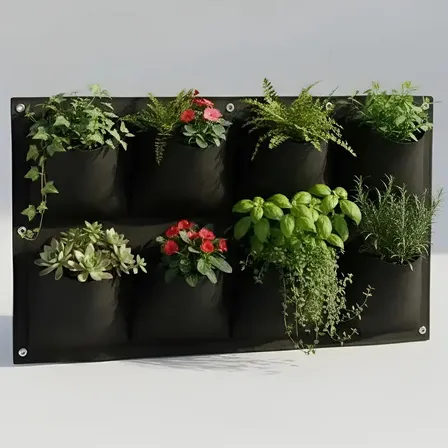 Painel Jardim Vertical Em Feltro Com 8 Bolsos Para Plantio Verde Preto