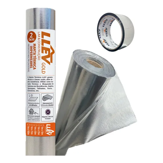 Manta Térmica Dupla Face 50m2 LLEV para Construção Telhado Rolo Isolante Térmico + Fita P/ Emenda