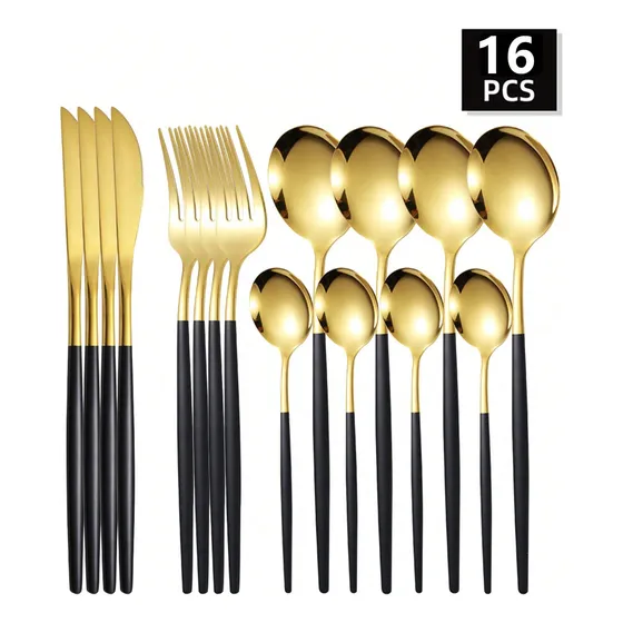 Juego Cubiertos Dorados Acero Inoxidable 16 Piezas Comedor