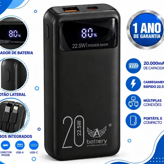 Power Bank 20000mAh Carga Rápida 22.5W para iPhone e Samsung, Com Cabos Embutidos e Display preto/branco