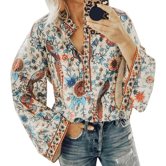 Blusa Boho Con Estampado De Cordones Para Mujer, Estilo Vint