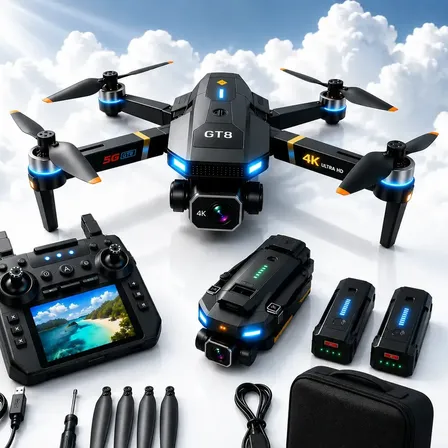 Drone Gt8 4k Modelo Dobrável, Câmera Dupla, Transmissão Wifi Fpv, Motores Potentes E Voo Estável + 2 Baterias + Hélices Extras De Brinde - Popsy