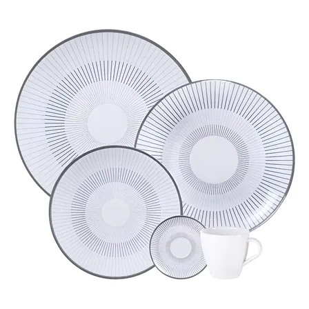 Aparelho De Jantar Tramontina Griz Porcelana Decorada 20 Peças Branco Com Cinza Liso
