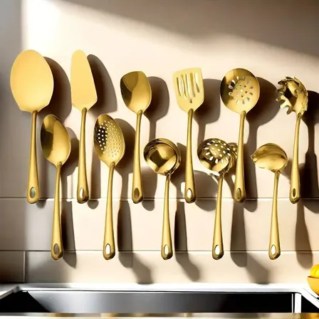 Kit 11 Utensílios Inox Dourado - Para Salada Cozinha
