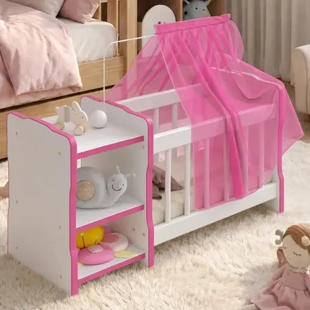 Berço De Boneca Baby Com Véu Brinquedo Criança Lyam Rosa