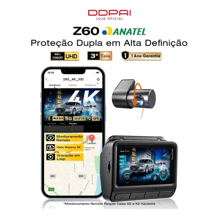 Ddpai Z60 4k Câmera Veicular Suporta Monitoramento Remoto Frontal E Traseira 4k+1080p Tela Ips 3  Para Carros 5ghz Wifi Visão Noturna Modo De Estacionamento De 20 Dias Gravação Em Loop