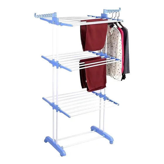 Tendedero 3 niveles de pie colgador ropa con rueda vertical portatil color blanco y azul Genérica