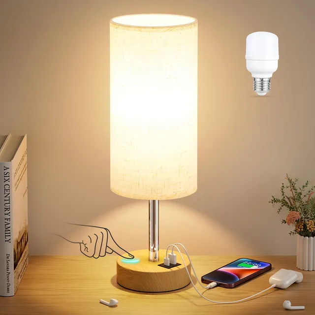 Lámpara Táctil Regulable De Madera Con Carga Usb Para Mesita
