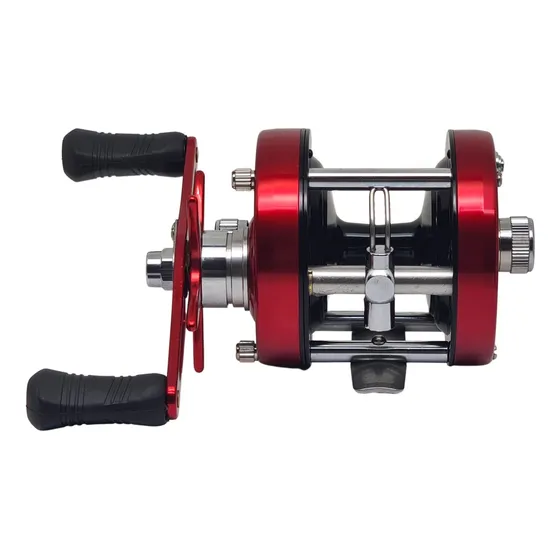 Reel Rotativo Caster Warrior 403 Aluminio 3 Rulemanes 5.3:1 Color Rojo - Manija Derecha