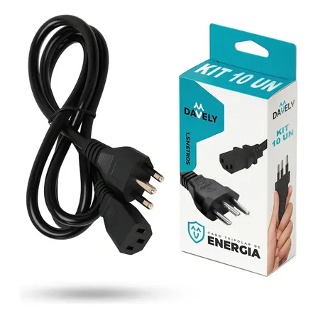 Kit 10 Cabos De Força Tripolar Padrão Atx Energia Para Pc Fonte Monitor Estabilizador 1,5m Alta Resistência Reforçado Compatível Universal Cor Preto Davely