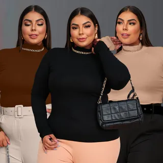 Kit 3 Blusas Feminina Cacharrel Plus Size Gola Alta Kit 3 Blusas Feminina Cacharrel Plus Size Gola Alta