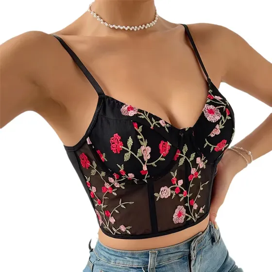 Bustier Negro Top Romántico Floral Corset