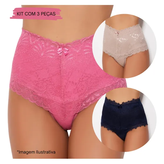 Kit Com 3 Calcinhas Cintura Alta Algodão Confortável E Renda
