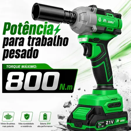 Chave De Impacto 800N Brushless Parafusadeira Furadeira Profissional 2 Baterias
