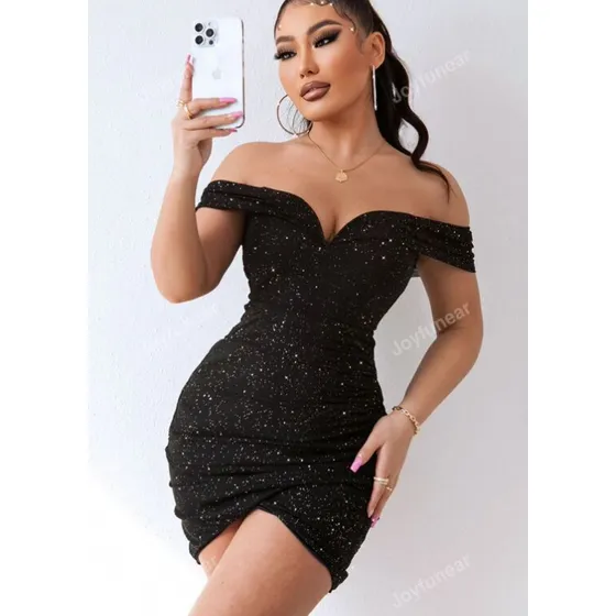 Vestido De Dama Ajustado Hombros Descubiertos Lentejuelas