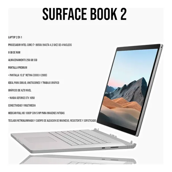 Microsoft Surface Book 2, Plateado, 8gb Ram, 256gb Ssd, 60hz