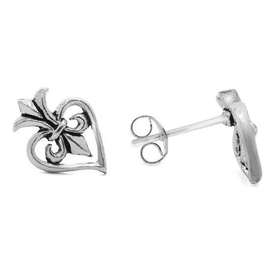 Aros Pegados Corazón Y Flor De Lis, Plata 925