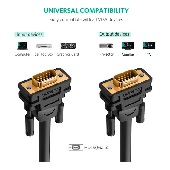 Kit 3 Cabo Vga Ugreen Macho Resolução Full Hd 5 Metros