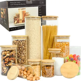 Seiri Kit 10 Potes Herméticos Vidro Tampa Bambu Seiri Para Mantimentos CozinhaPor