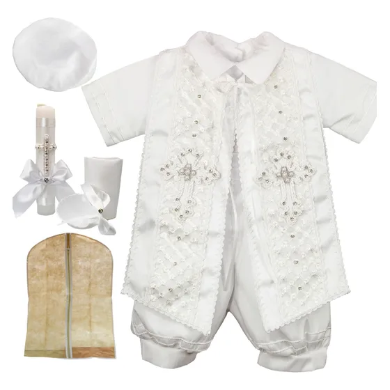 Traje Ropon Bautizo Niño + Kit Vela Trajecito Bebé Cuadri Hg Blanco Talla 2 (12-24 Meses)