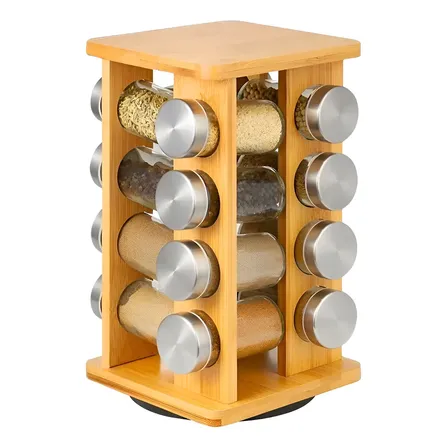 Porta Temperos Condimentos Giratório 16 Potes Vidro Suporte Bambu 360 Graus Organizador Cozinha Luxo Premium Moderno Praticidade Decoração Casa Especiarias Kit Completo Elegante Qualidade Palada Shop