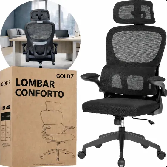 Cadeira De Escritório Ergonômica Gold7 Suporte Lombar Apoio Cabeça Estofado Mesh Cor Preto Premium Resistente Profissional Regulagem Ajuste De Altura