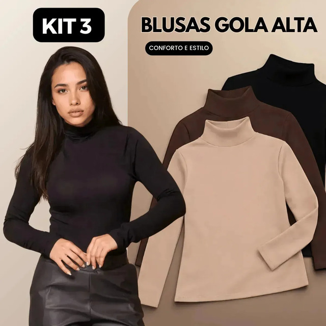 Kit 3 Blusas Feminina Cacharrel Gola Alta Manga Longa Kit 3 Blusas Feminina Cacharrel Gola Alta Manga Longa