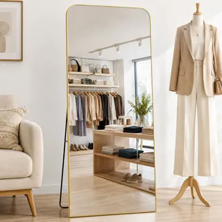 Espelho Chão Corpo Inteiro Arco Redondo 165*60cm Com Suporte Dourado