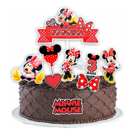 Topper Topo Bolo Personalizado Nome E Idade Minnie Vermelha