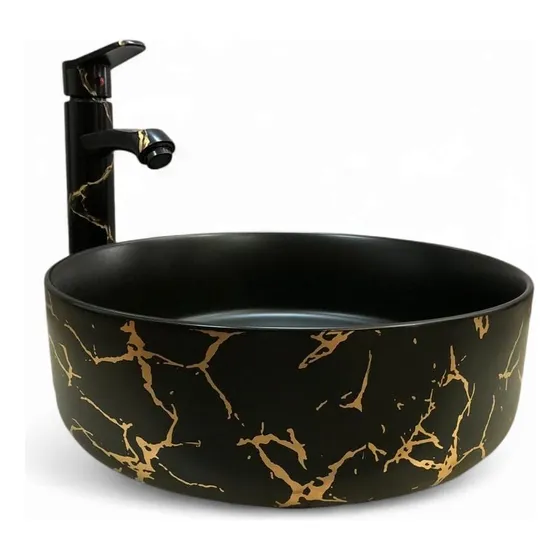 Paquete Lavabo Cerámico Negro Beta Dorada+monomando Desagüe Negro Mate