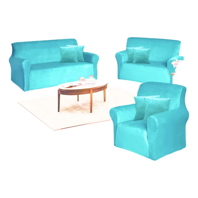 Funda De Mueble 3-2-1 Con 6 Fundas De Cojines - Terciopelo Color Turquesa Terciopelo Liso 3-2-1