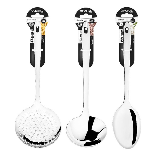 Kit Cozinha Colher De Arroz + Concha + Escumadeira Aço Inox Kit Cozinha Colher De Arroz + Concha + Escumadeira Aço Inox