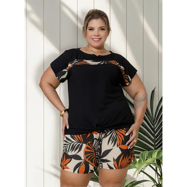 Conjunto Feminino Plus Size Blusa Short Amarrar Bermuda G2