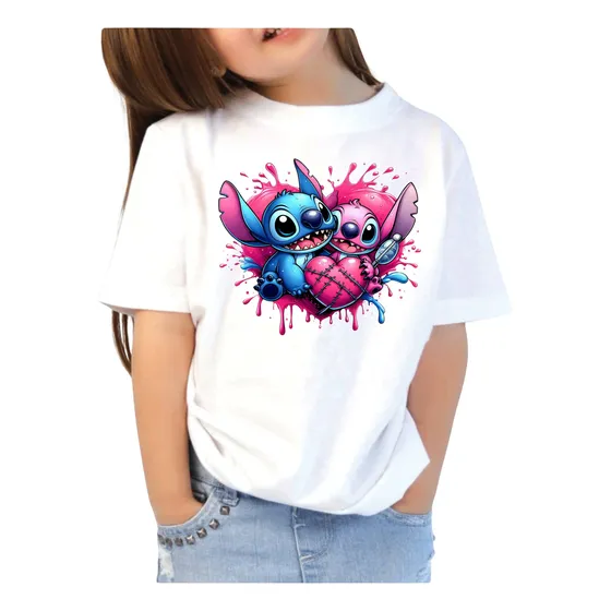 Remera Sublimada Para Niñas De Stitch Y Angel