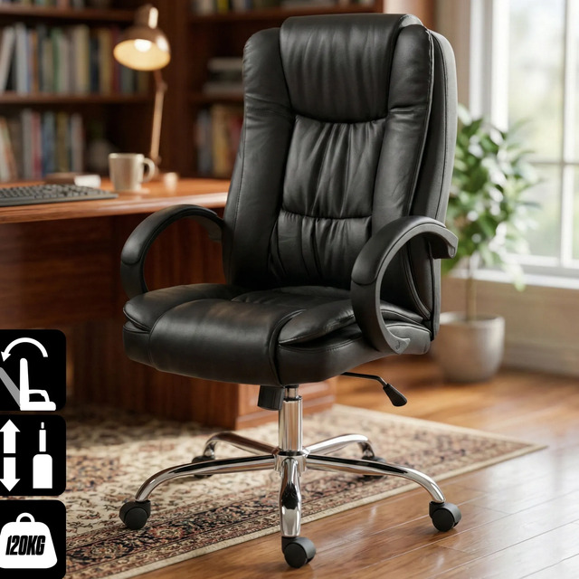 Cadeira Escritorio Diretor Reclinável Ergonômica Giratoria Preto Couro Sintético