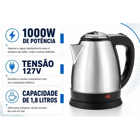 Chaleira Elétrica Inox 1,8L 1000W Aquecimento Rápido Automática