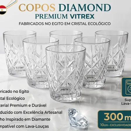 Jogo 6 Copos Diamond Egipcio 300ml Vidro Grosso Diamante Luxo Transparente Vitrex