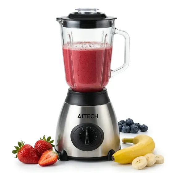 Licuadora Jarra Vidrio 1500 Ml 5 Velocidades Pica Hielo 850w Jugo Cuchillas Acero Inoxidable Pulso Batidos Smoothies Frutas Sopas Salsas Cremas Cocina Electrica Hogar Desayuno Postres Aitech
