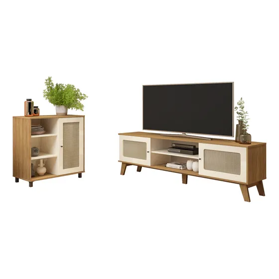 Combo Mueble Tv 75 Bertolini + Bife En Mdp Roble Con Blanco Color Beige